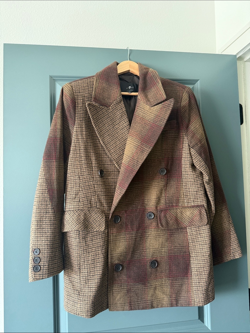 7 for all mankind Double-Breasted Plaid Wool-Blend Oversized Coat